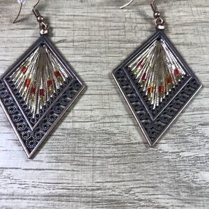 Boho Geometric Diamond Shaped Threaded Earrings with beaded accents Earrings
